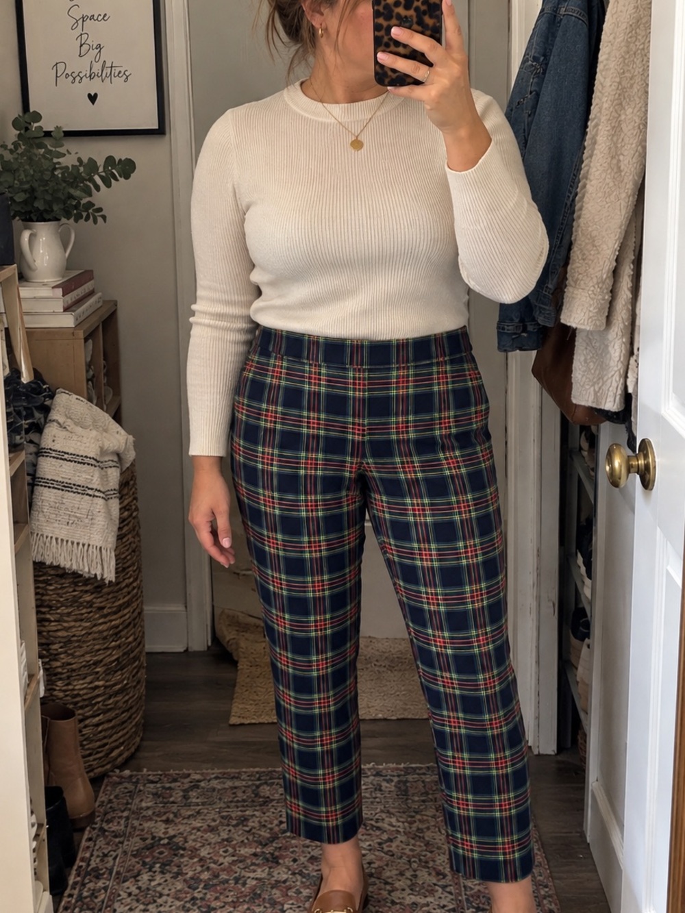 Talbots Tartan Plaid Ankle Pants 10 Navy Green Wool Blend Bow Hem